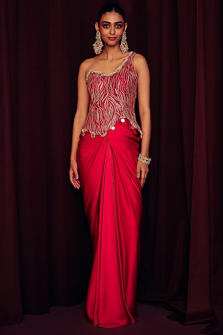 Pink Armani Satin Draped Skirt Set by Label Moni K at Pernia's Pop Up Shop