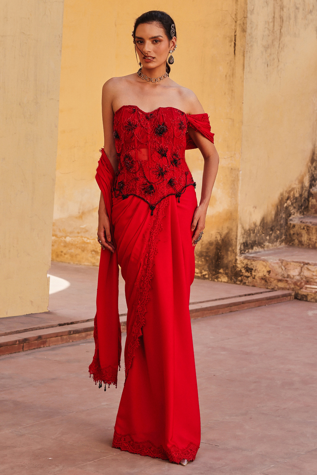 Red Cocktail Satin Draped Wedding Saree Set by Label Moni K at Pernia's Pop Up Shop