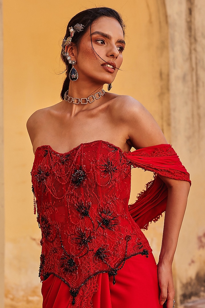 Red Cocktail Satin Draped Wedding Saree Set by Label Moni K at Pernia's Pop Up Shop