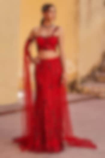 Red Chantilly Bead Embroidered Fish-Cut Skirt Set by Label Moni K at Pernia's Pop Up Shop