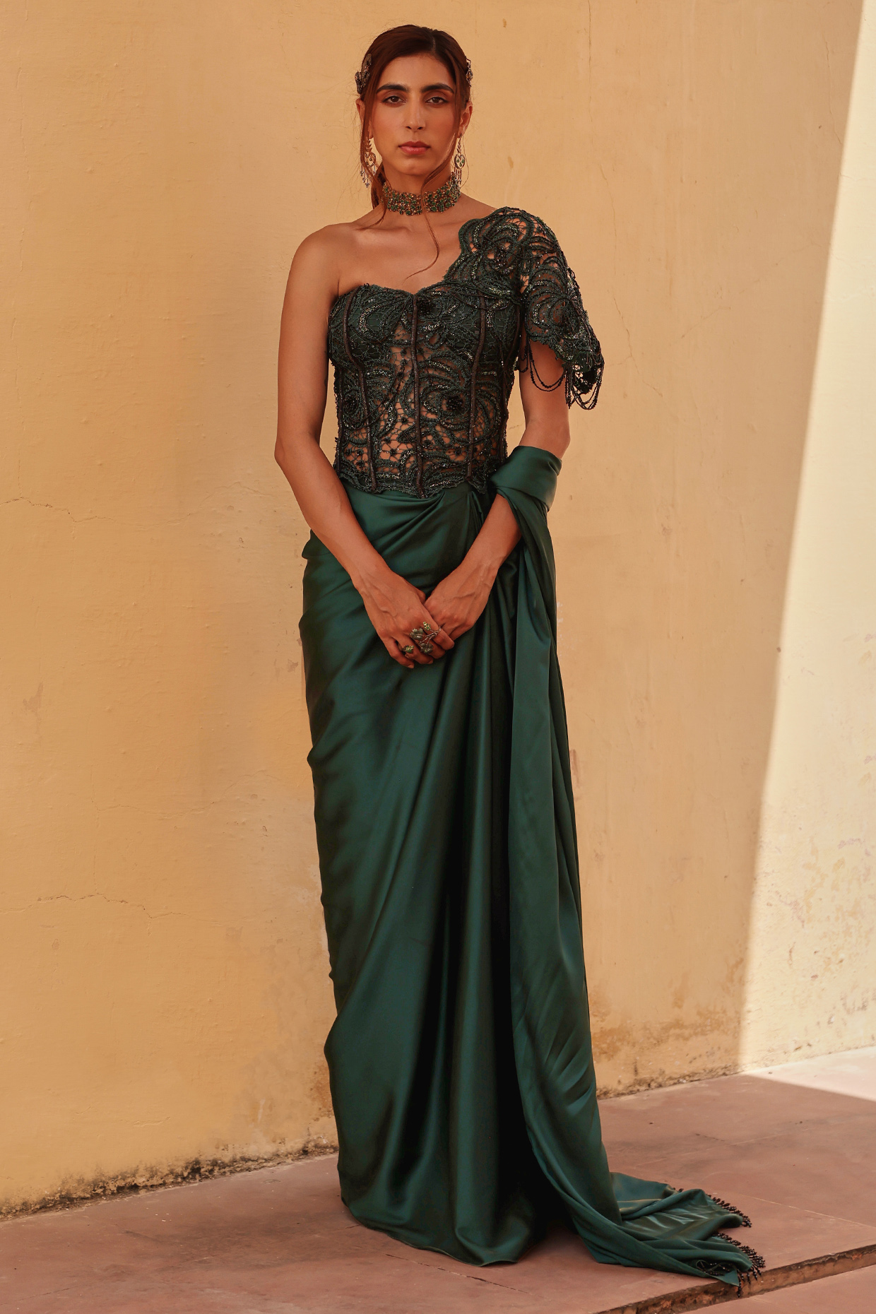 Bottle Green Satin Draped Wedding Saree Set by Label Moni K at Pernia's Pop Up Shop