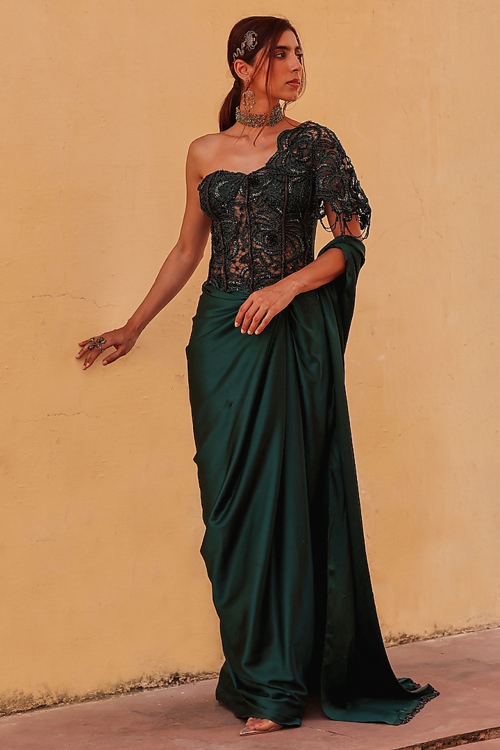 Bottle Green Satin Draped Wedding Saree Set by Label Moni K at Pernia's Pop Up Shop