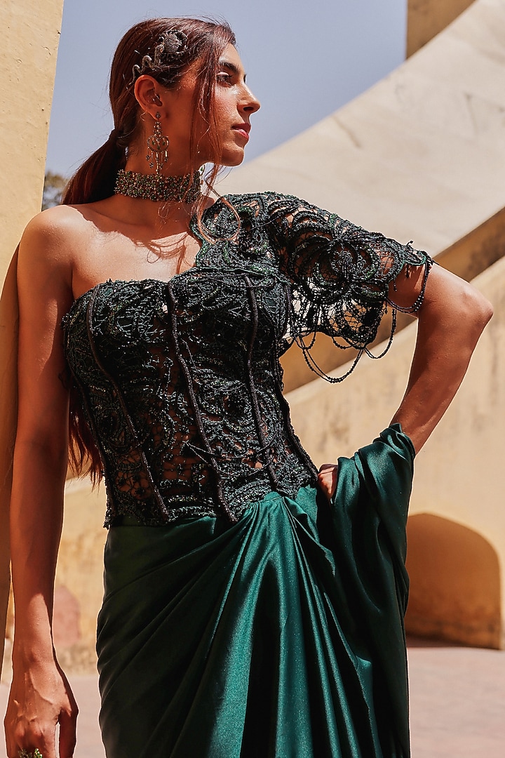 Bottle Green Satin Draped Wedding Saree Set by Label Moni K at Pernia's Pop Up Shop