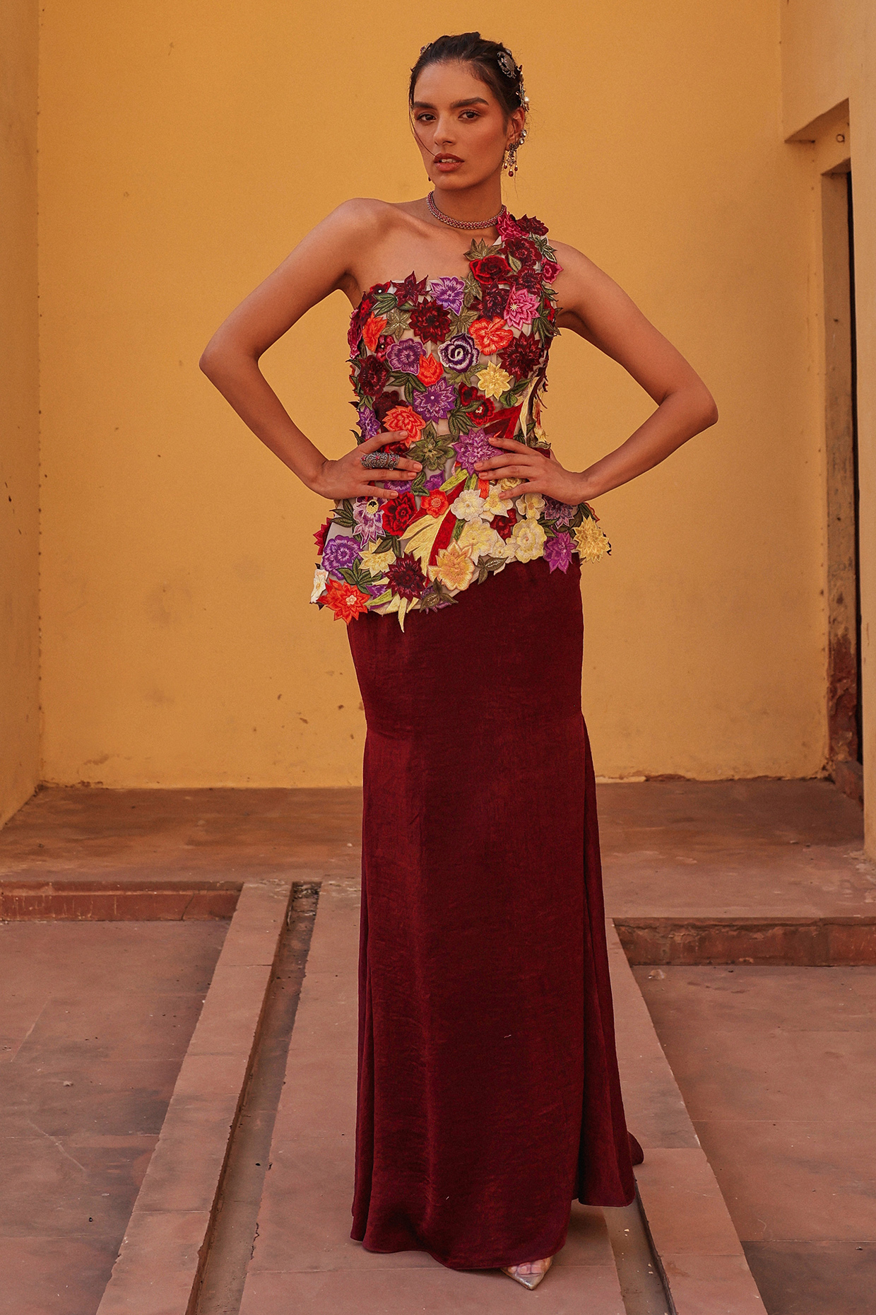 Wine & Multi-Colored Sandwash Satin Draped Skirt Set by Label Moni K at Pernia's Pop Up Shop