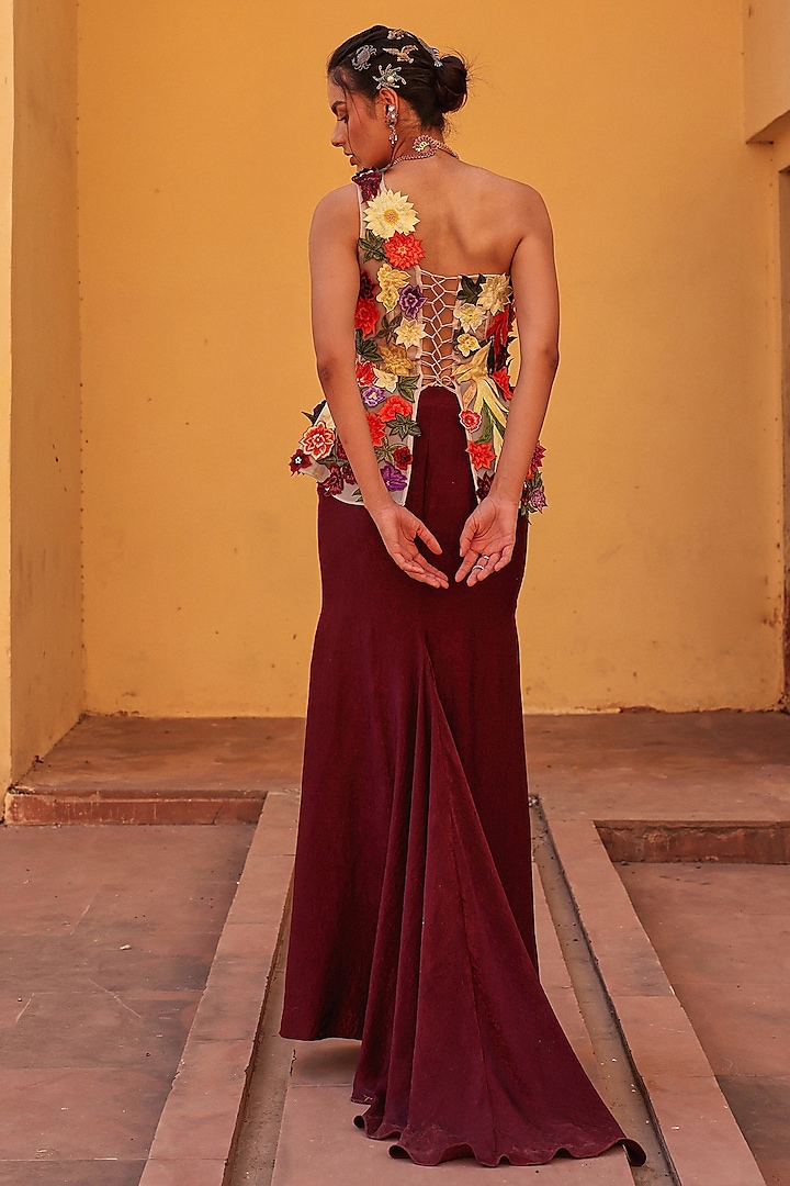 Wine & Multi-Colored Sandwash Satin Draped Skirt Set by Label Moni K at Pernia's Pop Up Shop