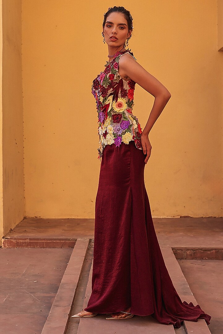 Wine & Multi-Colored Sandwash Satin Draped Skirt Set by Label Moni K at Pernia's Pop Up Shop