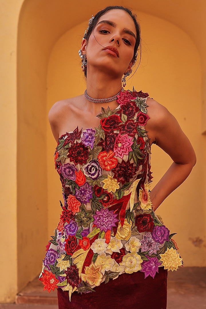 Wine & Multi-Colored Sandwash Satin Draped Skirt Set by Label Moni K at Pernia's Pop Up Shop