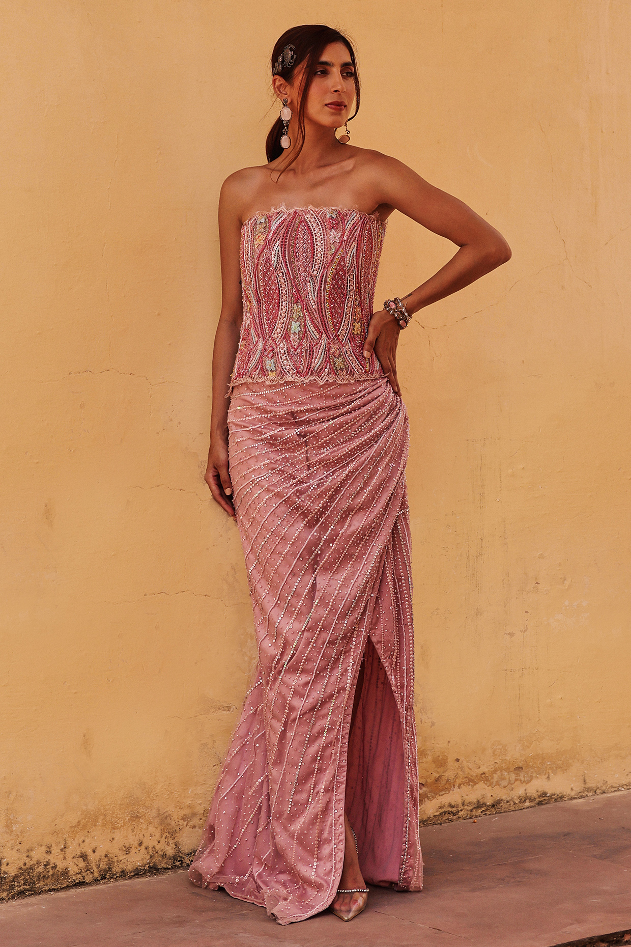 Pink Net Embroidered Draped Skirt Set by Label Moni K at Pernia's Pop Up Shop