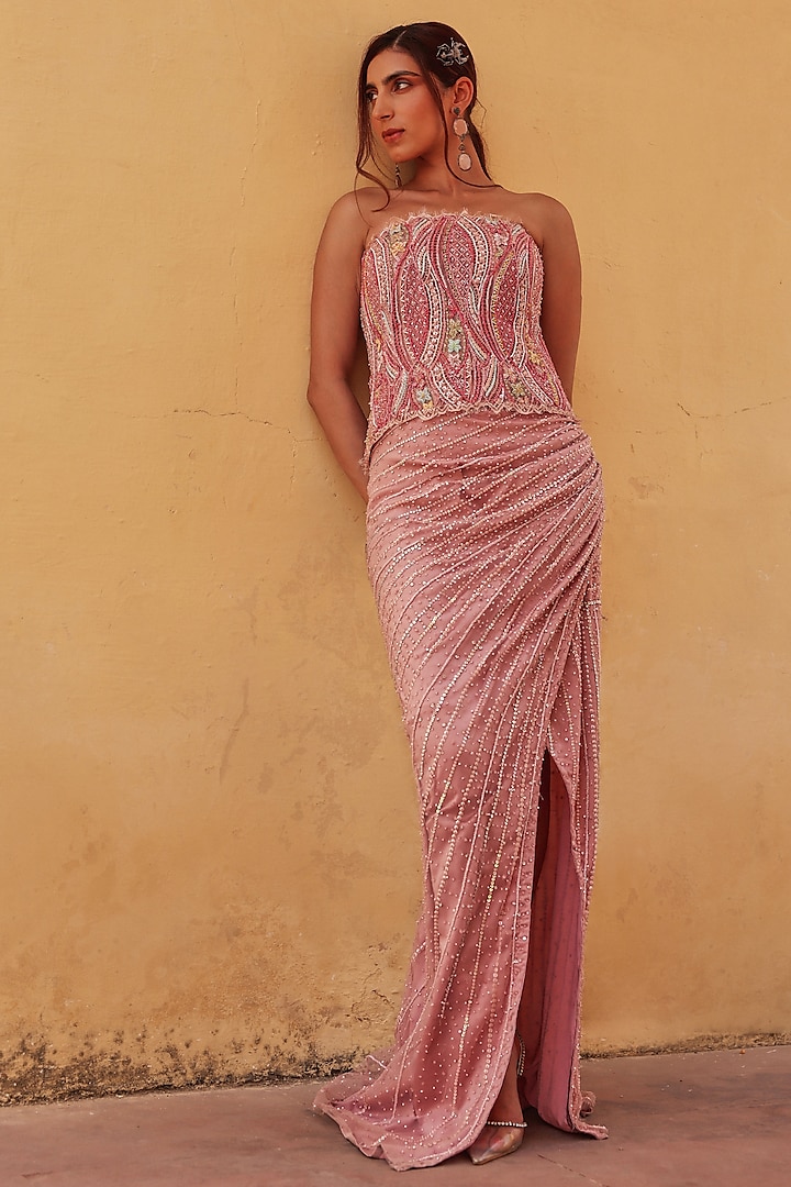 Pink Net Embroidered Draped Skirt Set by Label Moni K at Pernia's Pop Up Shop