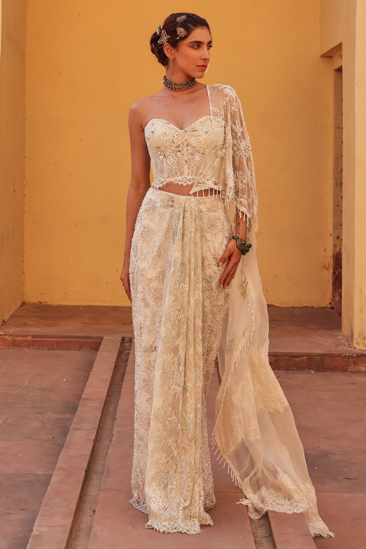 White Chantilly Draped Wedding Saree Set by Label Moni K at Pernia's Pop Up Shop