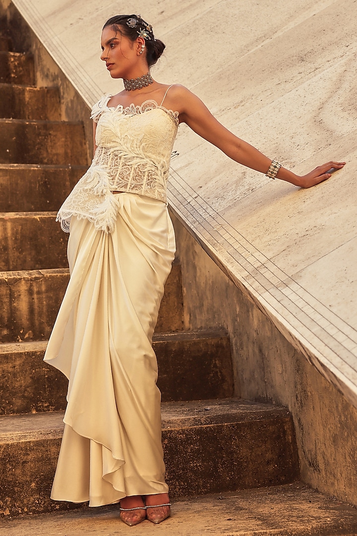 Ivory Satin Draped Skirt Set by Label Moni K at Pernia's Pop Up Shop