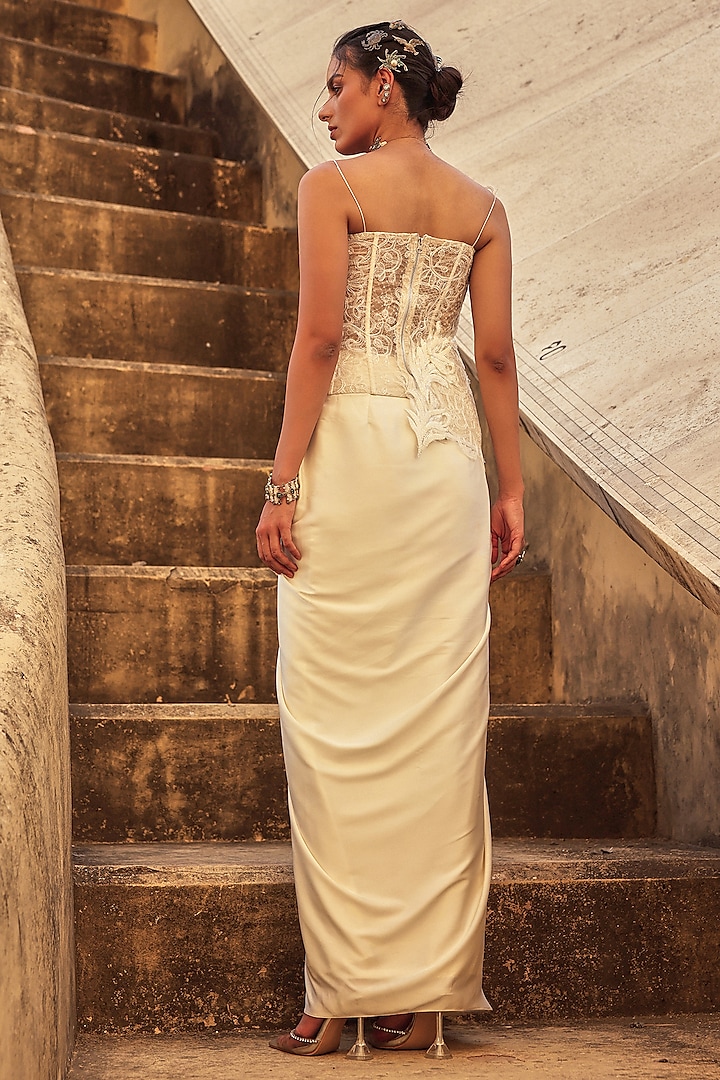 Ivory Satin Draped Skirt Set by Label Moni K at Pernia's Pop Up Shop