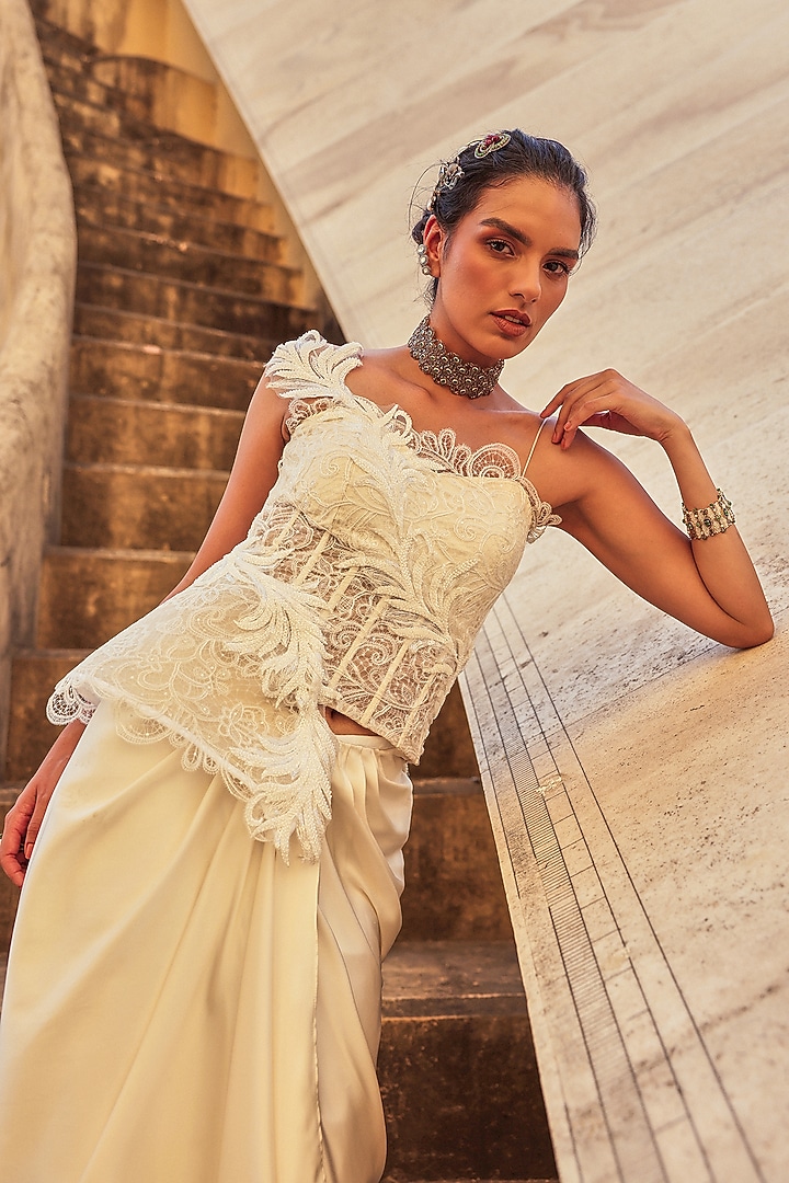 Ivory Satin Draped Skirt Set by Label Moni K at Pernia's Pop Up Shop