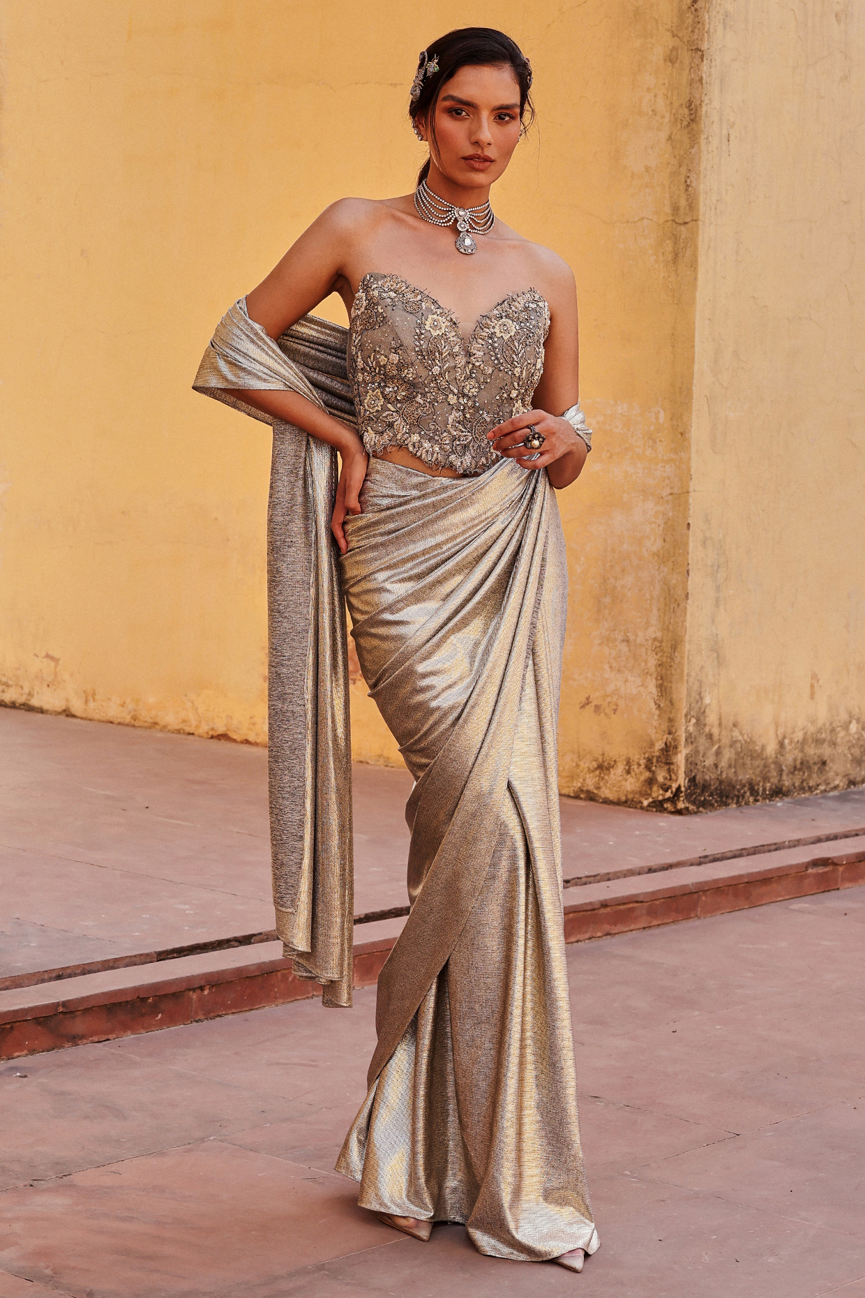 Silver Metallic Draped Party Wear Saree Set by Label Moni K at Pernia's Pop Up Shop