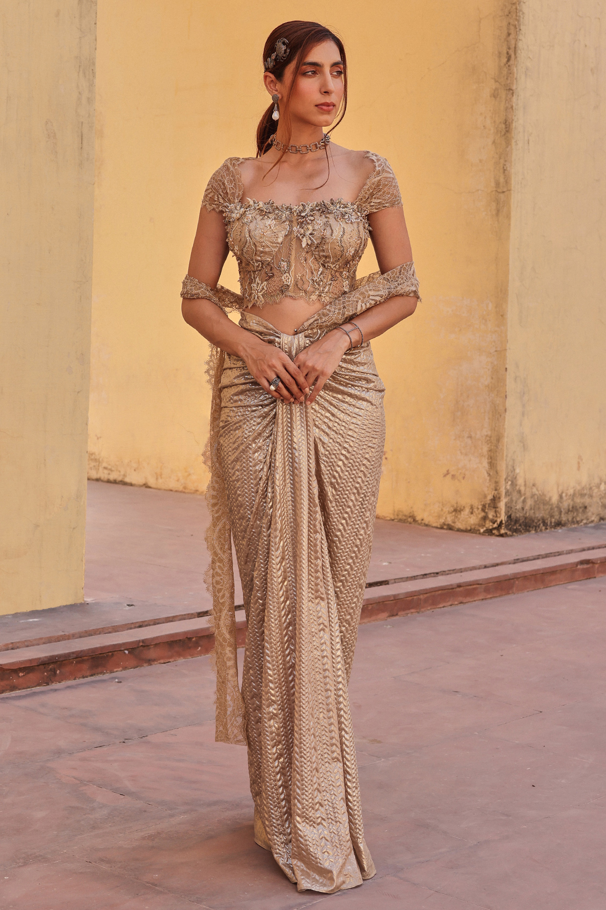 Golden Chantilly Net & Textured Fabric Draped Wedding Saree Set by Label Moni K at Pernia's Pop Up Shop
