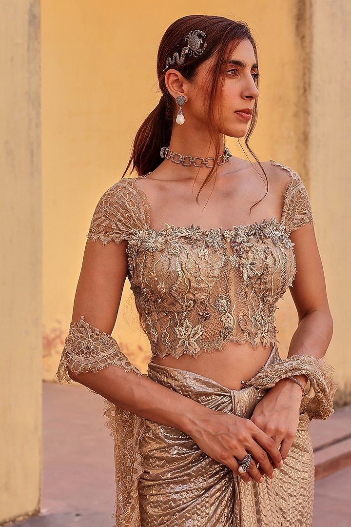 Golden Chantilly Net & Textured Fabric Draped Wedding Saree Set by Label Moni K at Pernia's Pop Up Shop