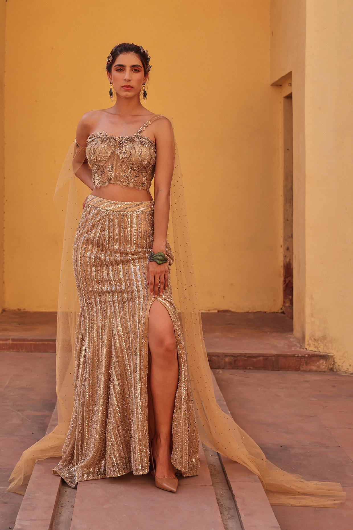 Golden Net Fish-Cut Wedding Lehenga Set by Label Moni K at Pernia's Pop Up Shop