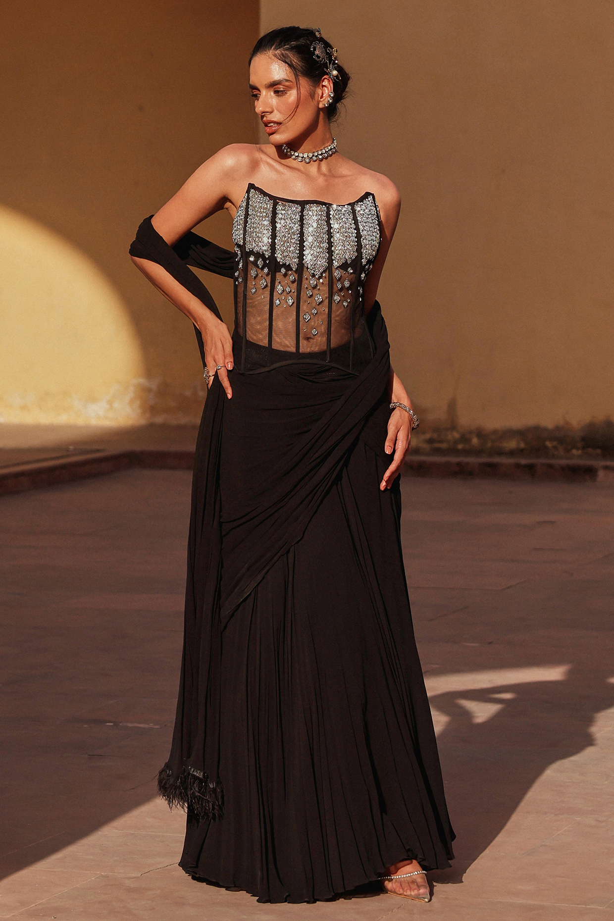 Black Georgette Draped Skirt Set by Label Moni K at Pernia's Pop Up Shop