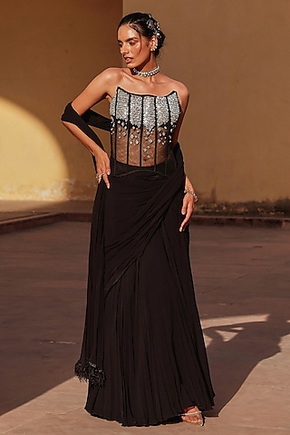 Black Georgette Draped Skirt Set by Label Moni K