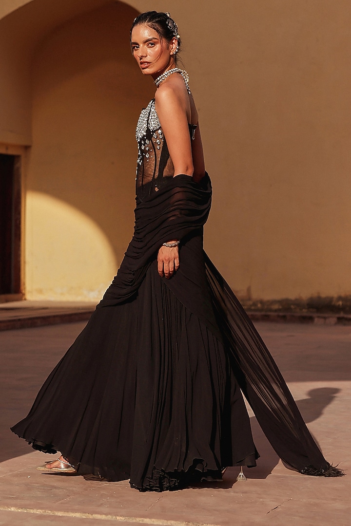 Black Georgette Draped Skirt Set by Label Moni K at Pernia's Pop Up Shop