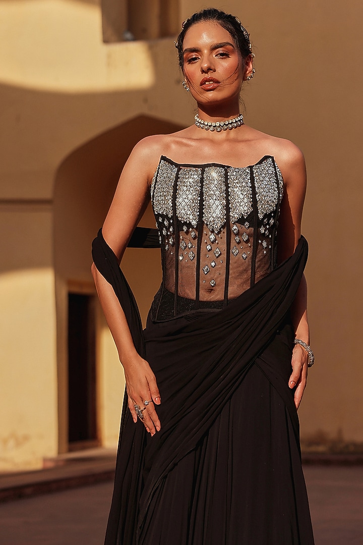 Black Georgette Draped Skirt Set by Label Moni K at Pernia's Pop Up Shop