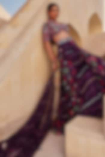 Wine Pure Organza Mirror Embroidered & Floral Prinred  dulhan bday 22 may Lehenga Set by Label Moni K at Pernia's Pop Up Shop