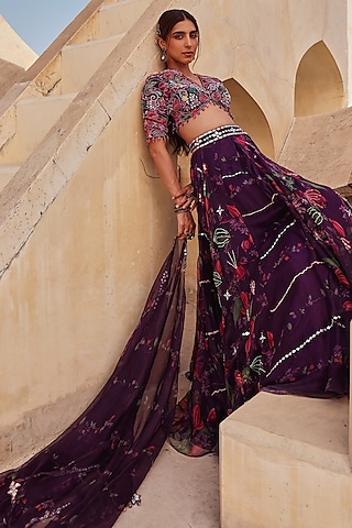 Wine Pure Organza Mirror Embroidered & Floral Prinred Lehenga Set by Label Moni K