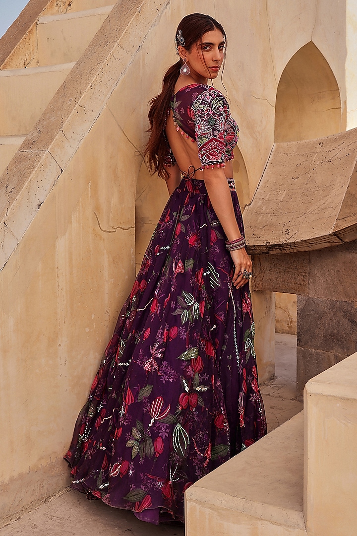 Wine Pure Organza Mirror Embroidered & Floral Prinred Wedding Lehenga Set by Label Moni K at Pernia's Pop Up Shop