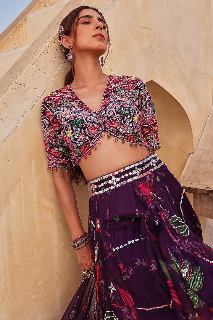 Wine Pure Organza Mirror Embroidered & Floral Prinred Wedding Lehenga Set by Label Moni K at Pernia's Pop Up Shop