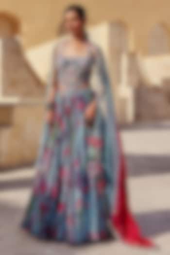 Light Blue Pure Organza Floral Printed & Embroidered  dulhan bday 22 may Lehenga Set by Label Moni K at Pernia's Pop Up Shop
