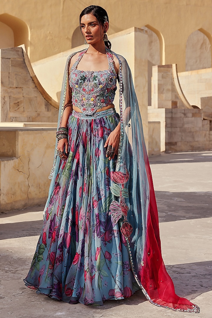 Light Blue Pure Organza Floral Printed & Embroidered  dulhan bday 22 may Lehenga Set by Label Moni K at Pernia's Pop Up Shop