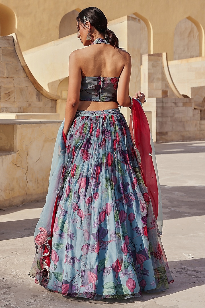Light Blue Pure Organza Floral Printed & Embroidered Wedding Lehenga Set by Label Moni K at Pernia's Pop Up Shop