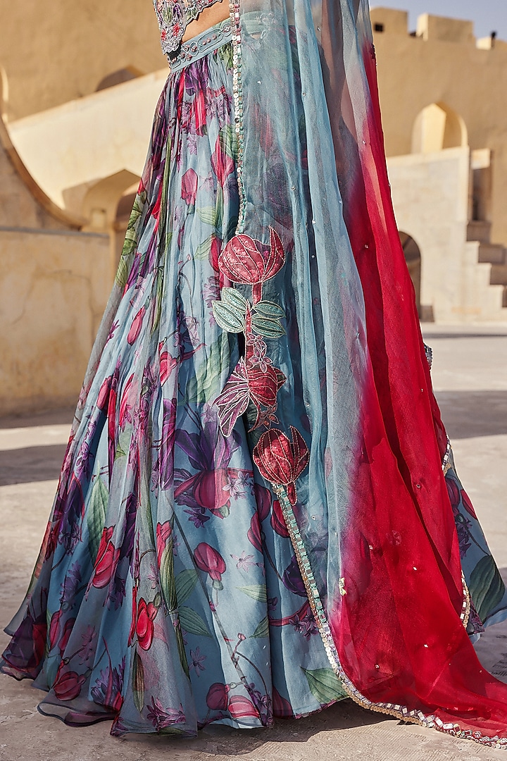 Light Blue Pure Organza Floral Printed & Embroidered Wedding Lehenga Set by Label Moni K at Pernia's Pop Up Shop