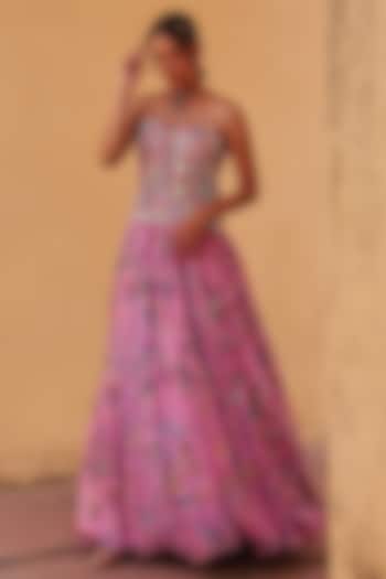 Lavender Pure Organza Printed & Hand Embroidered  dulhan bday 22 may Lehenga Set by Label Moni K at Pernia's Pop Up Shop