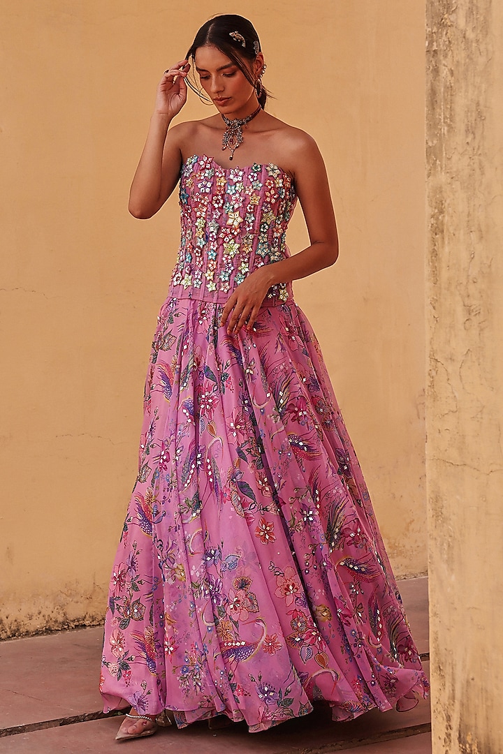 Lavender Pure Organza Printed & Hand Embroidered  dulhan bday 22 may Lehenga Set by Label Moni K at Pernia's Pop Up Shop