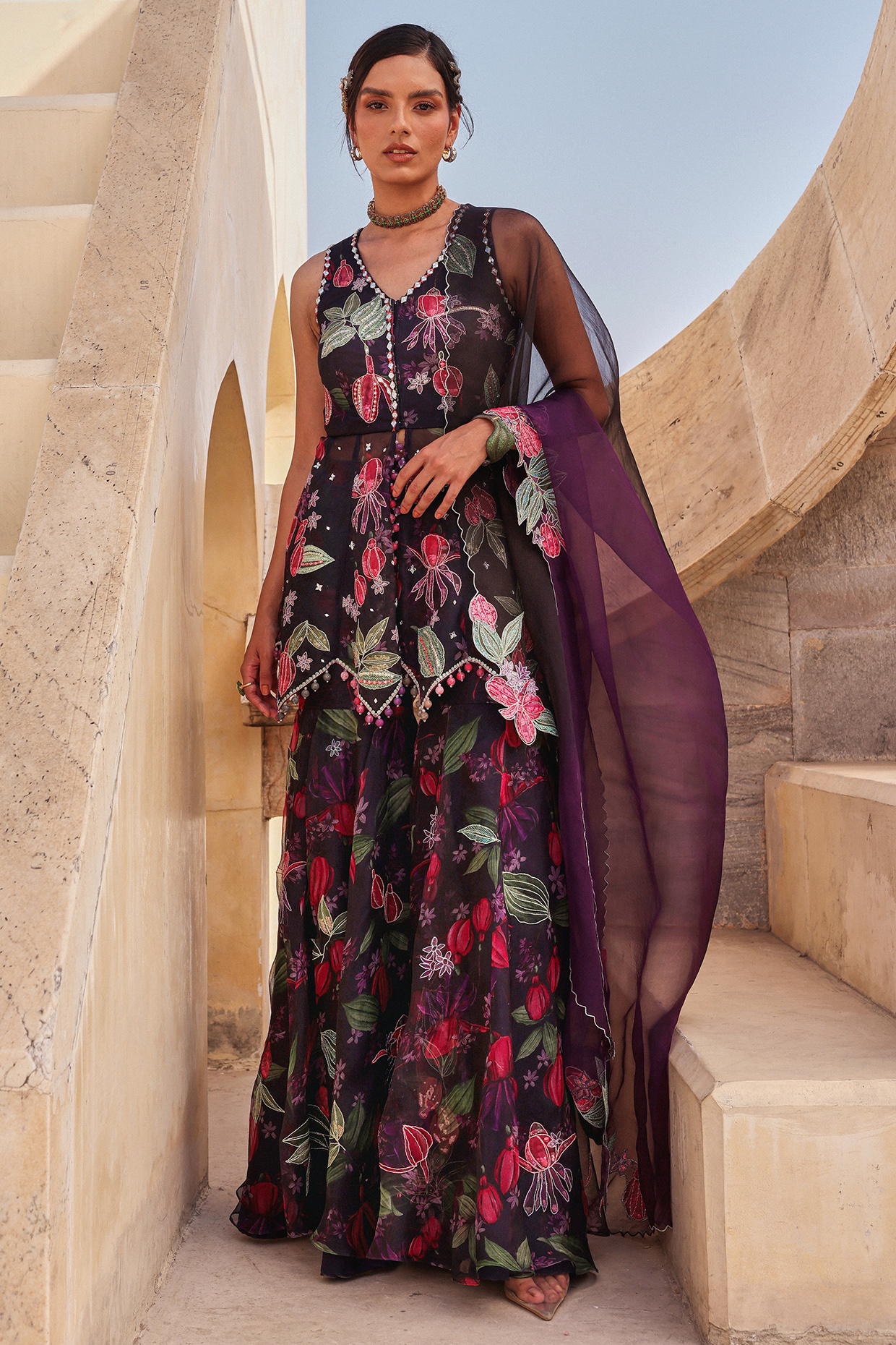 Black Pure Organza Printed Gharara Set by Label Moni K at Pernia's Pop Up Shop