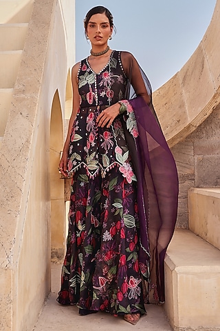 Black Pure Organza Printed Gharara Set by Label Moni K