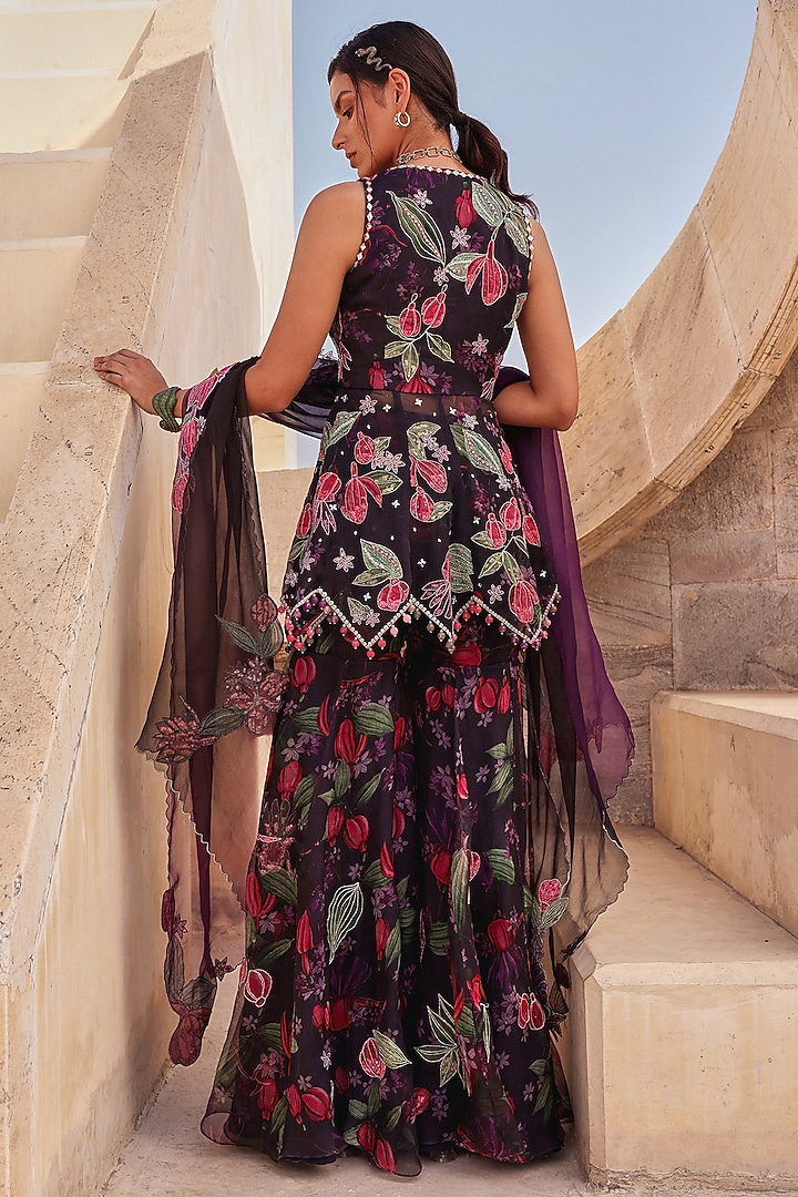 Black Pure Organza Printed Gharara Set by Label Moni K at Pernia's Pop Up Shop