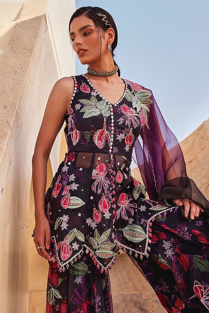 Black Pure Organza Printed Gharara Set by Label Moni K at Pernia's Pop Up Shop