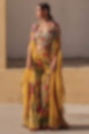 Mustard Yellow Pure Organza Hand Embroidered Cape Set by Label Moni K at Pernia's Pop Up Shop
