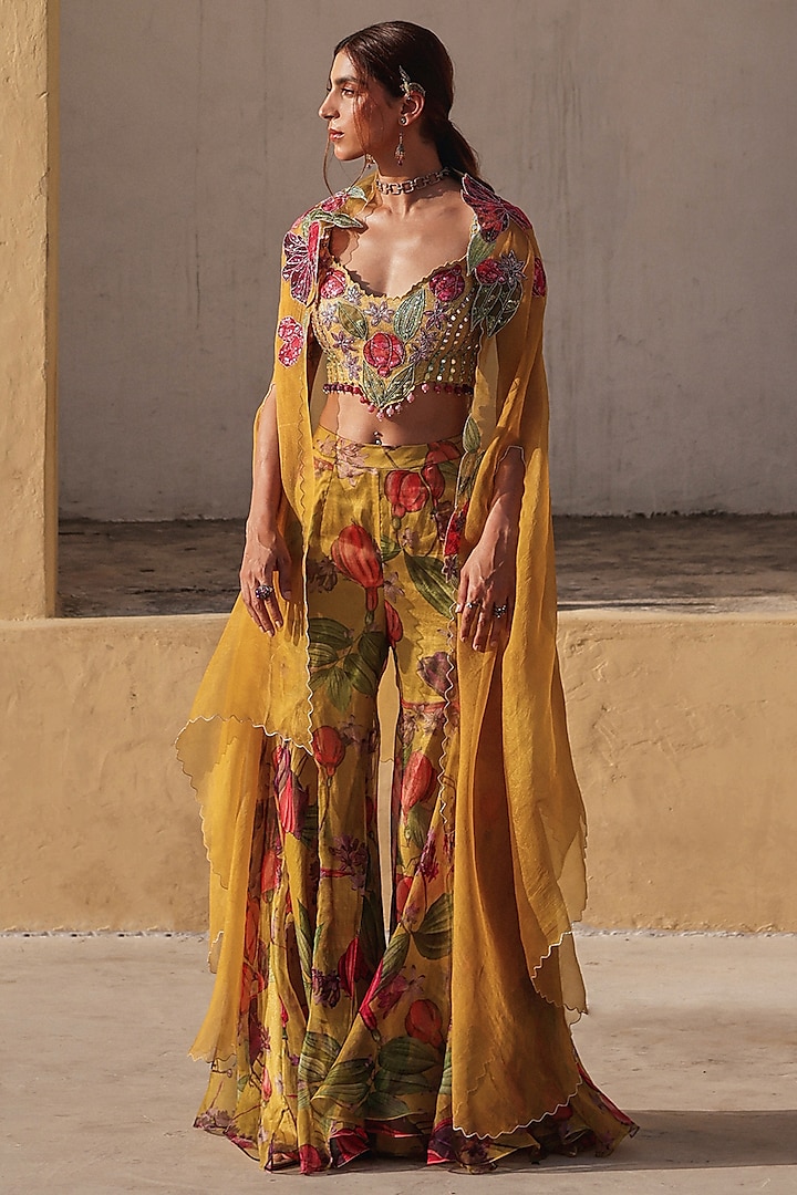 Mustard Yellow Pure Organza Hand Embroidered Cape Set by Label Moni K at Pernia's Pop Up Shop