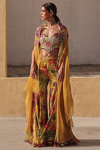 Mustard Yellow Pure Organza Hand Embroidered Cape Set by Label Moni K