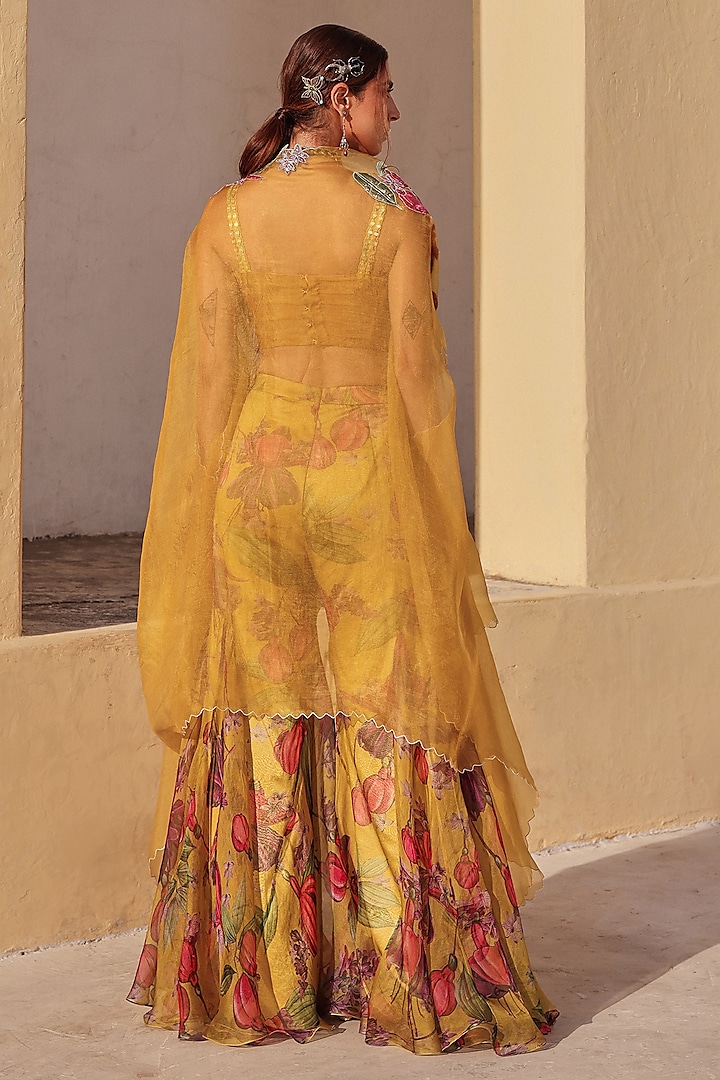 Mustard Yellow Pure Organza Hand Embroidered Cape Set by Label Moni K at Pernia's Pop Up Shop