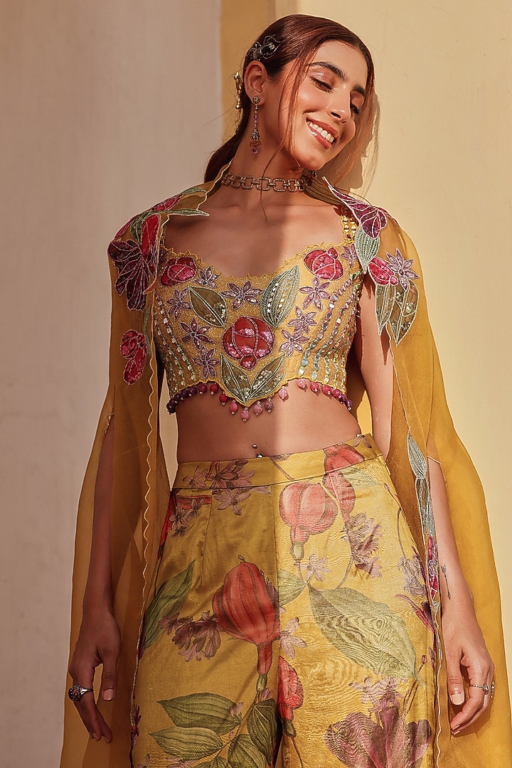 Mustard Yellow Pure Organza Hand Embroidered Cape Set by Label Moni K at Pernia's Pop Up Shop