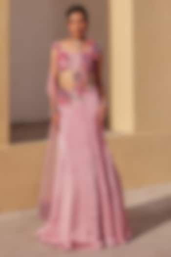Lavender Satin Hand Embroidered Fish-Cut Lehenga Set by Label Moni K at Pernia's Pop Up Shop