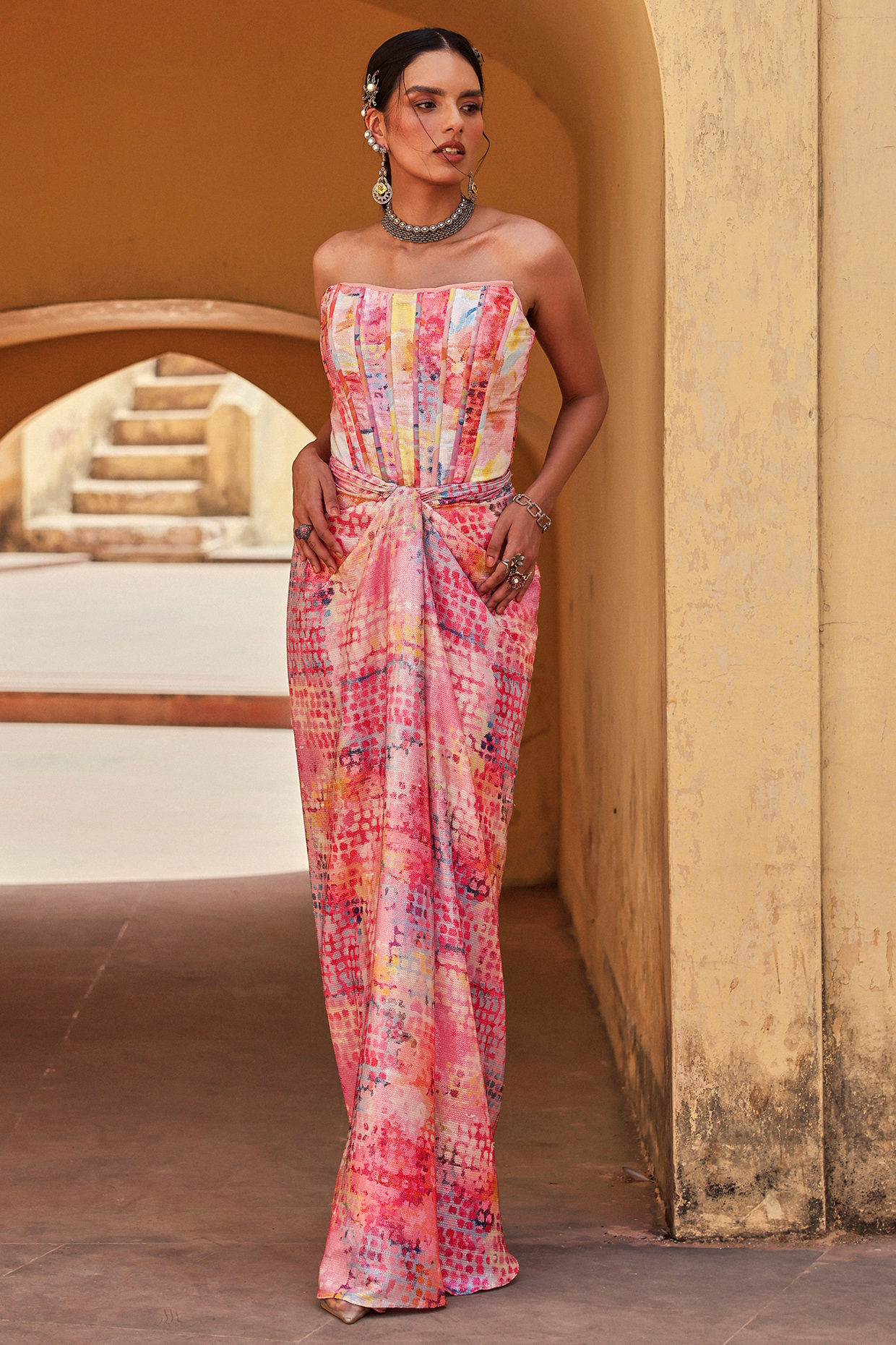 Multi-Colored Georgette Draped Skirt Set by Label Moni K at Pernia's Pop Up Shop