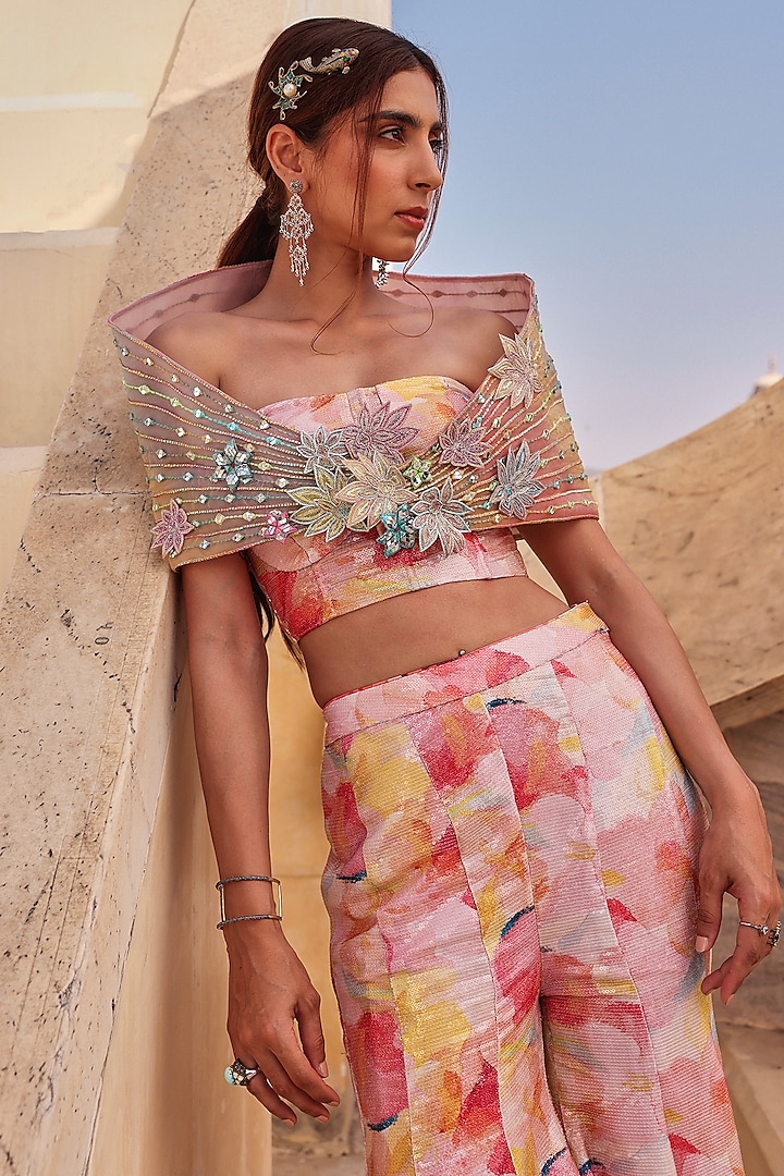 Peach Georgette Printed Wedding Sharara Set by Label Moni K at Pernia's Pop Up Shop