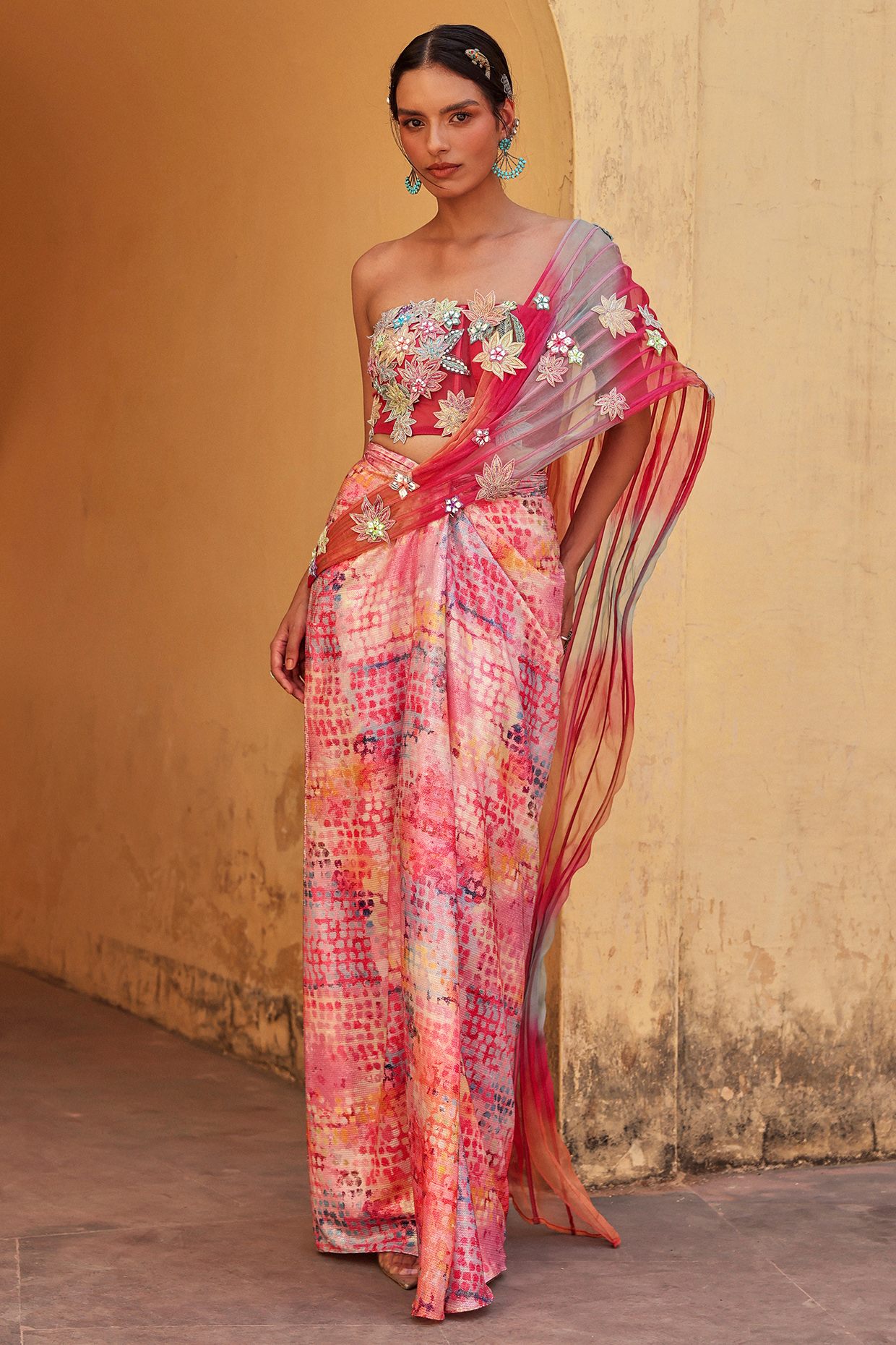 Multi-Colored Georgette Printed Draped Party Wear Saree Set by Label Moni K at Pernia's Pop Up Shop