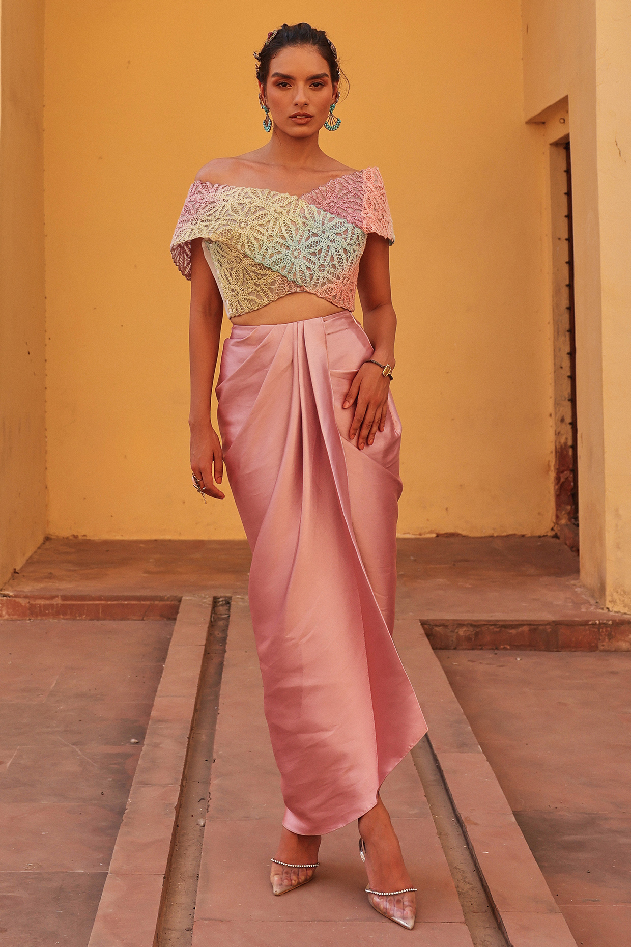 Multi-Colored Knitted Draped Skirt Set by Label Moni K at Pernia's Pop Up Shop