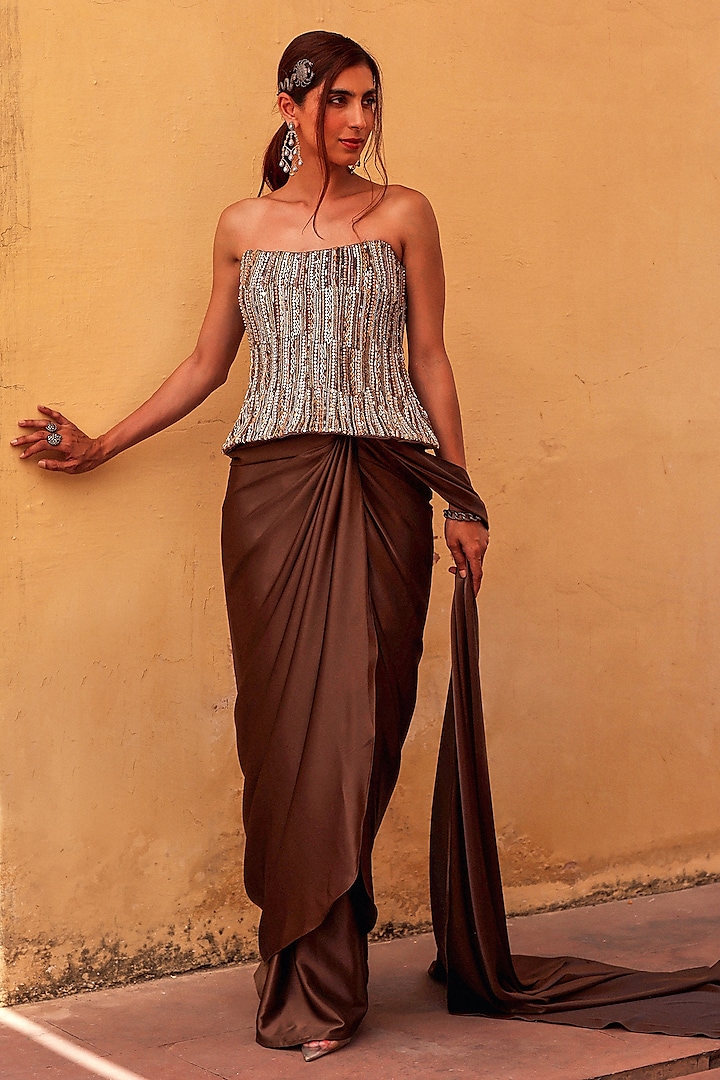 Brown Milani Satin Draped Wedding Saree Set by Label Moni K at Pernia's Pop Up Shop
